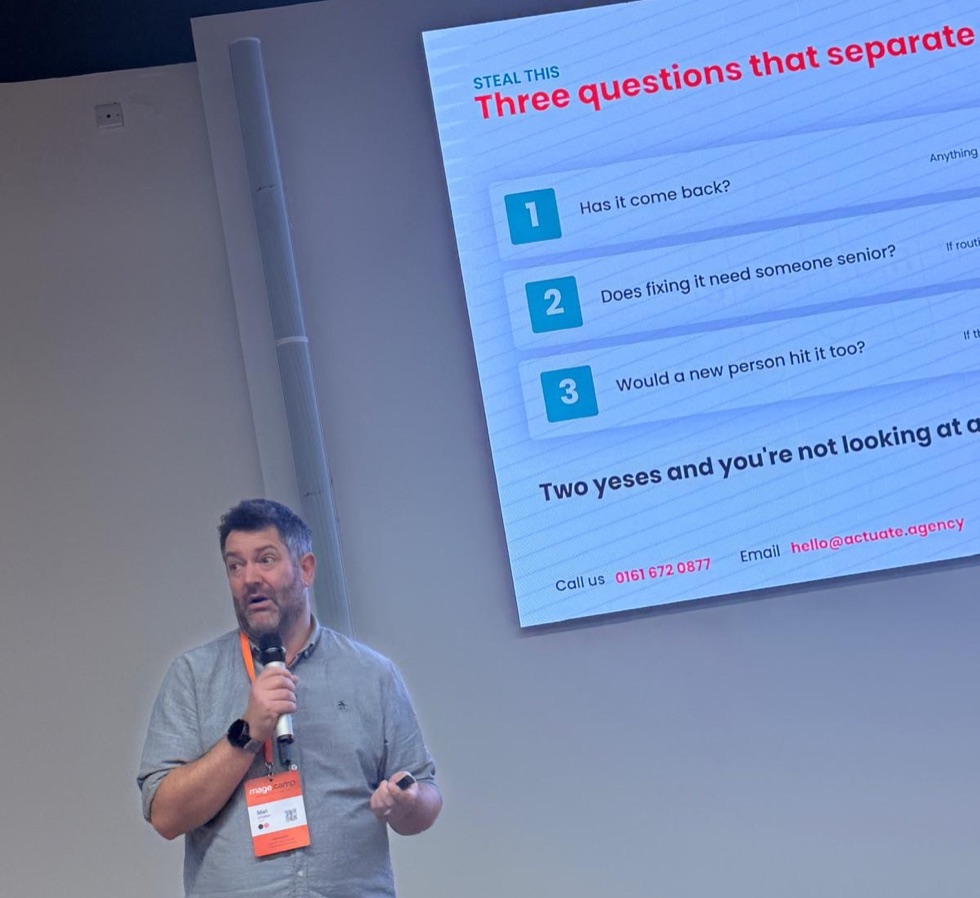 Mat O'Connor at Mage Camp with his three questions slide: has it come back, does fixing it need someone senior, would a new person hit it too